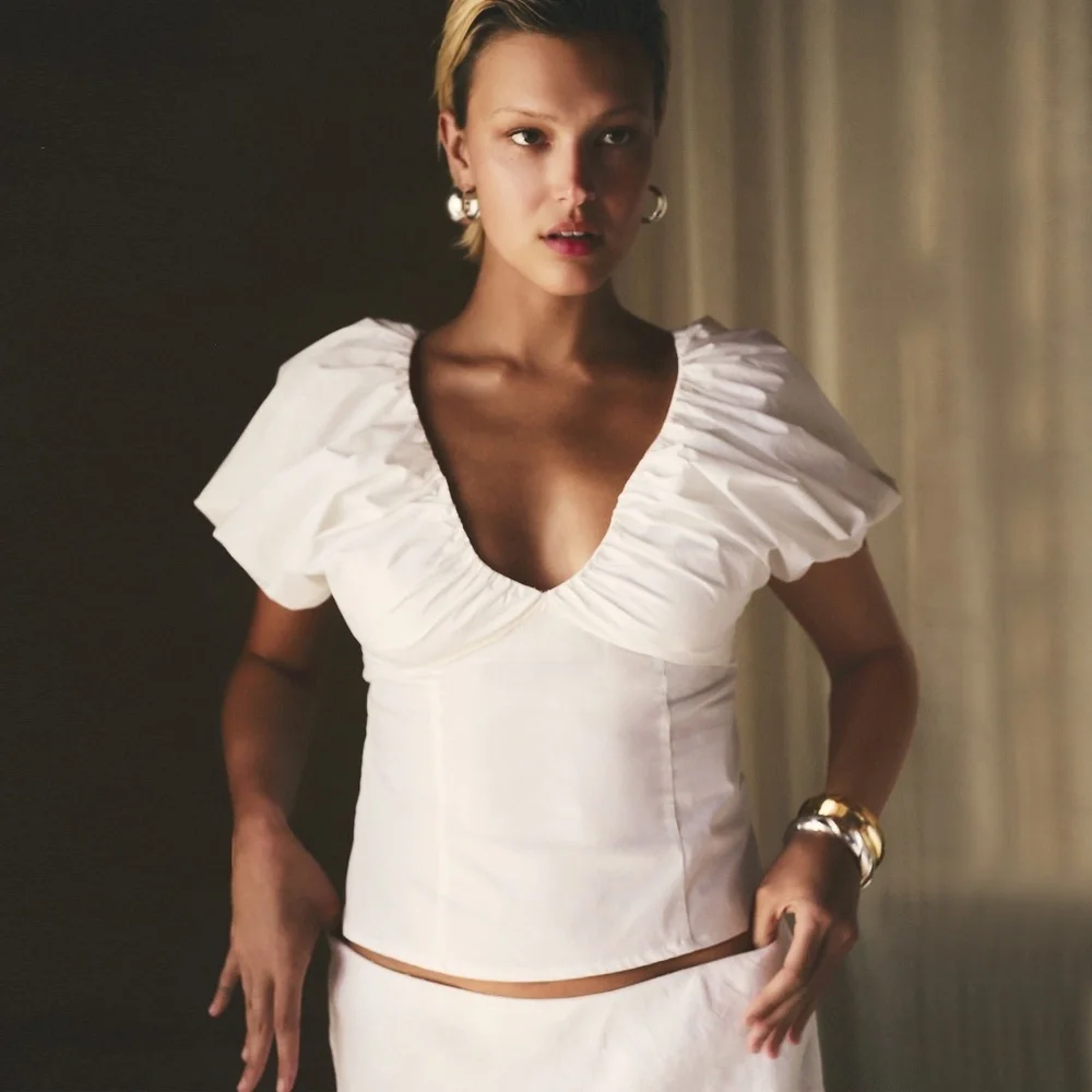 J. Crew Ivory Puff-Sleeve Deep V Blouse